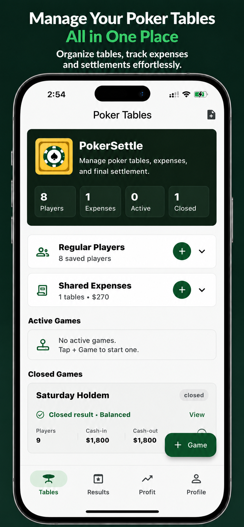 PokerSettleUp mobile app showing poker tables, regular players, shared expenses, and game tables